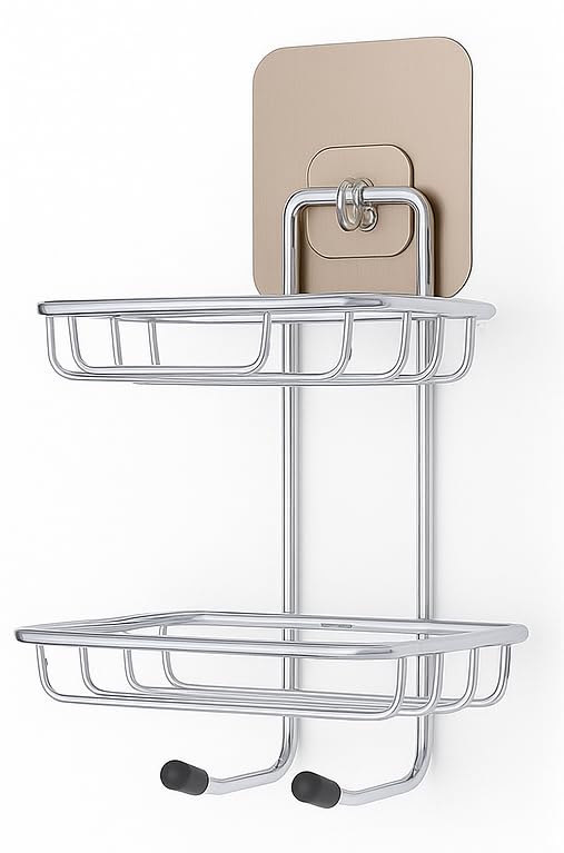 TH Homeware 2 Layer Stainless Steel Wall Mounted Kitchen & Bathroom Storage Rack | Multipurpose Organizer Shelf with Adhesive Hooks (Silver) Premium