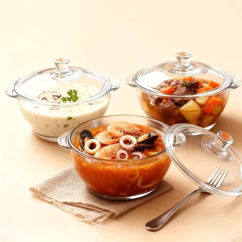 Glass Casserole Dish with Lid, 1000ml, Clear, Heat-Resistant, Microwave and Dishwasher Safe, for Soups and Stews - 1 pcs