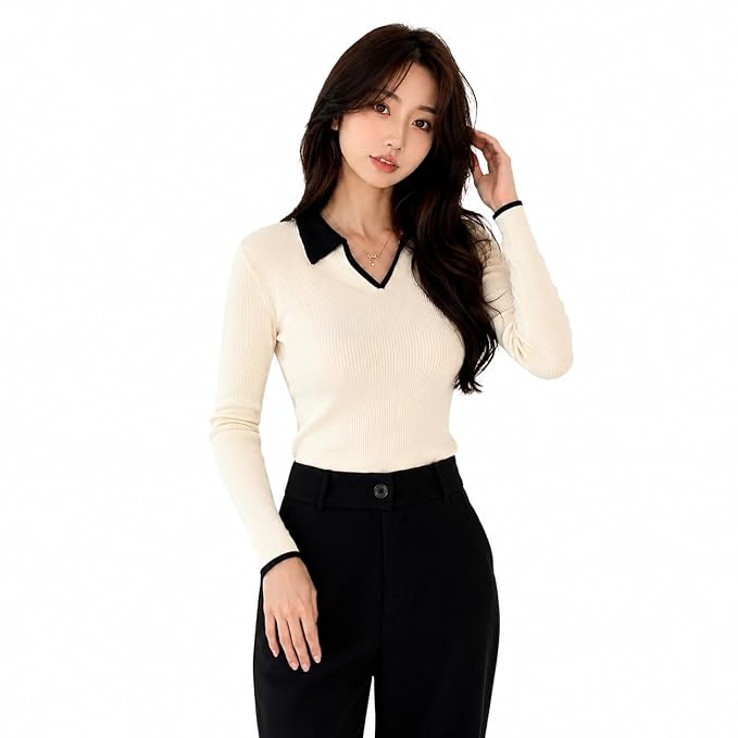 BLACK BUDDY Women's Cotton Blend Full Sleeve Collared V Neck T Shirt for Women | Regular Fit Solid Rib Knit Stretch Top | Casual Office College Formal T Shirt | S-XXL