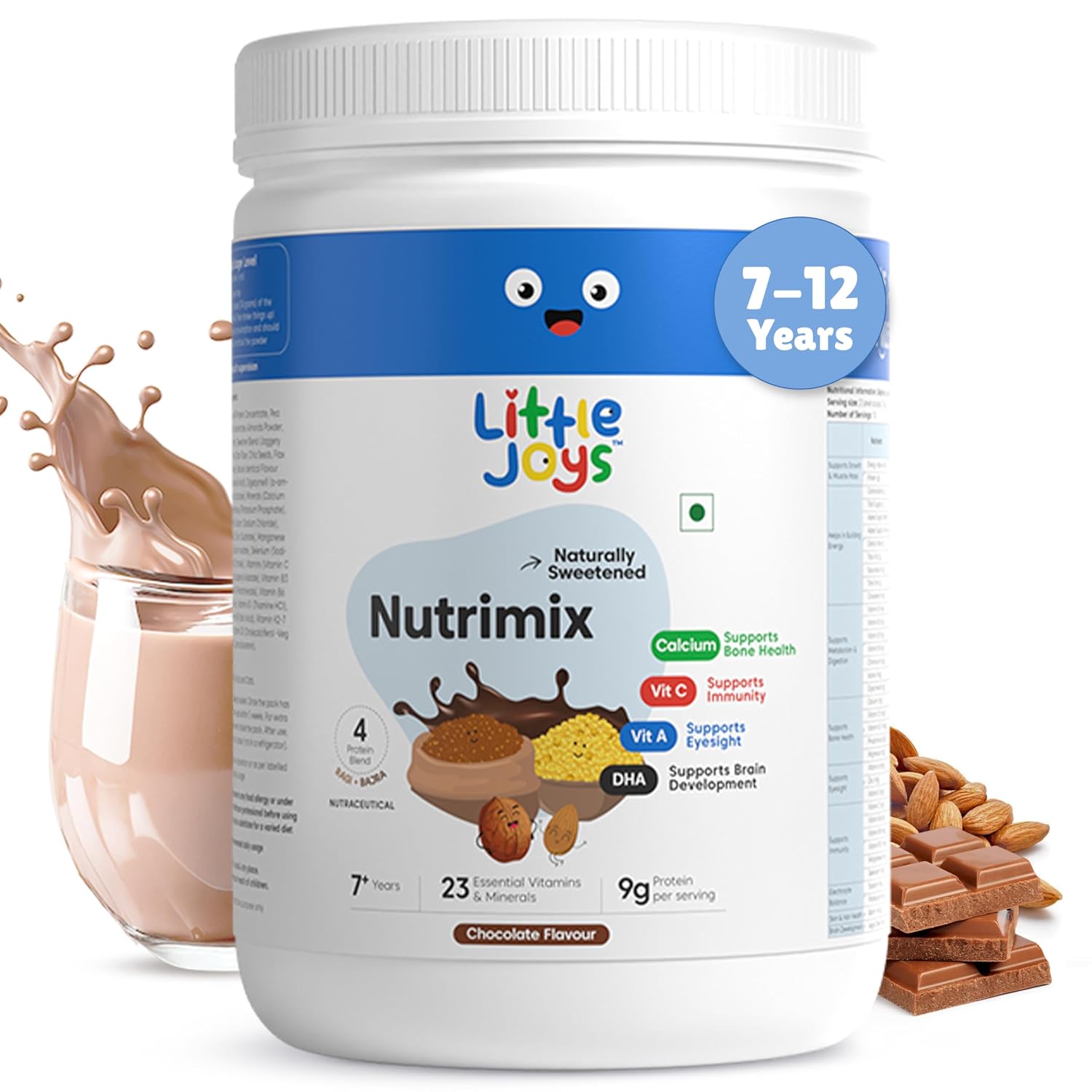 Little Joys Chocolate Nutrimix 7+ (350g) | 7-12 Years | Naturally Sweetened with Dates & Jaggery | With 23 Essential Vitamins & Minerals | 9g Protein per Serving