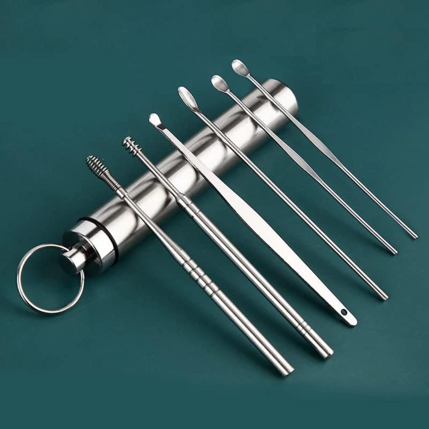 Ear Wax Cleaner (6 Pc) Resuable Ear Wax Cleaner Reusable Removal Kit Steel Ear Cleansing Tool Set Spiral Ear Curette Tool with Cleaning Brush For Kids Man Woman (STEEL)
