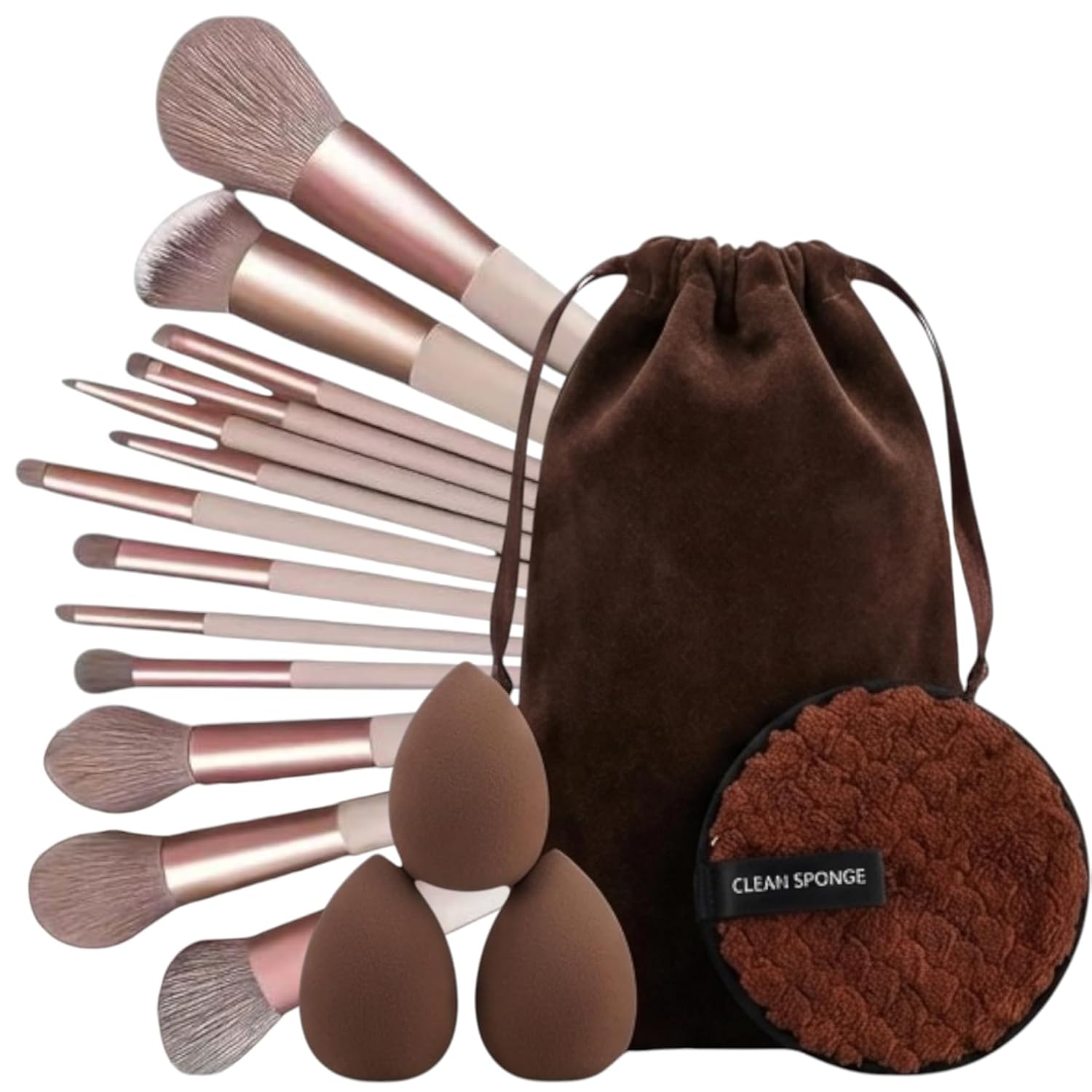 17Pc Makeup Kit Set – Premium 13-Piece Makeup Brush Set with 3 Makeup sponges & 1 Color-Removal Sponge – Soft Synthetic Bristles, Rose Gold & Cream Design with Velvet Travel Pouch –