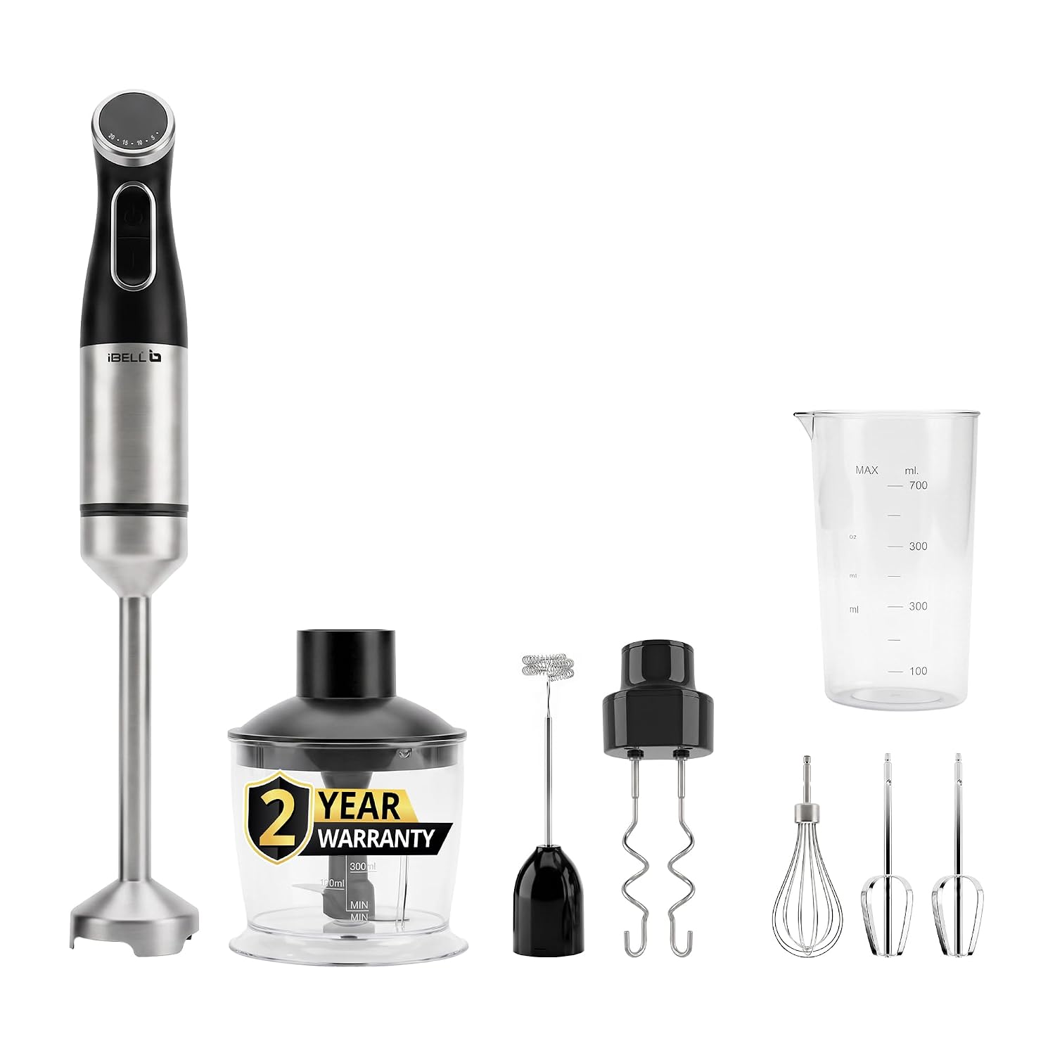 iBELL AEROMIX500PRO 6-in-1 Hand Blender, 1200W, Adjustable Speed Control, Turbo Function, Stainless Steel Immersion Blender with Chopper, Whisk, Dough Hooks, Milk Frother & 700ml Beaker (Black)