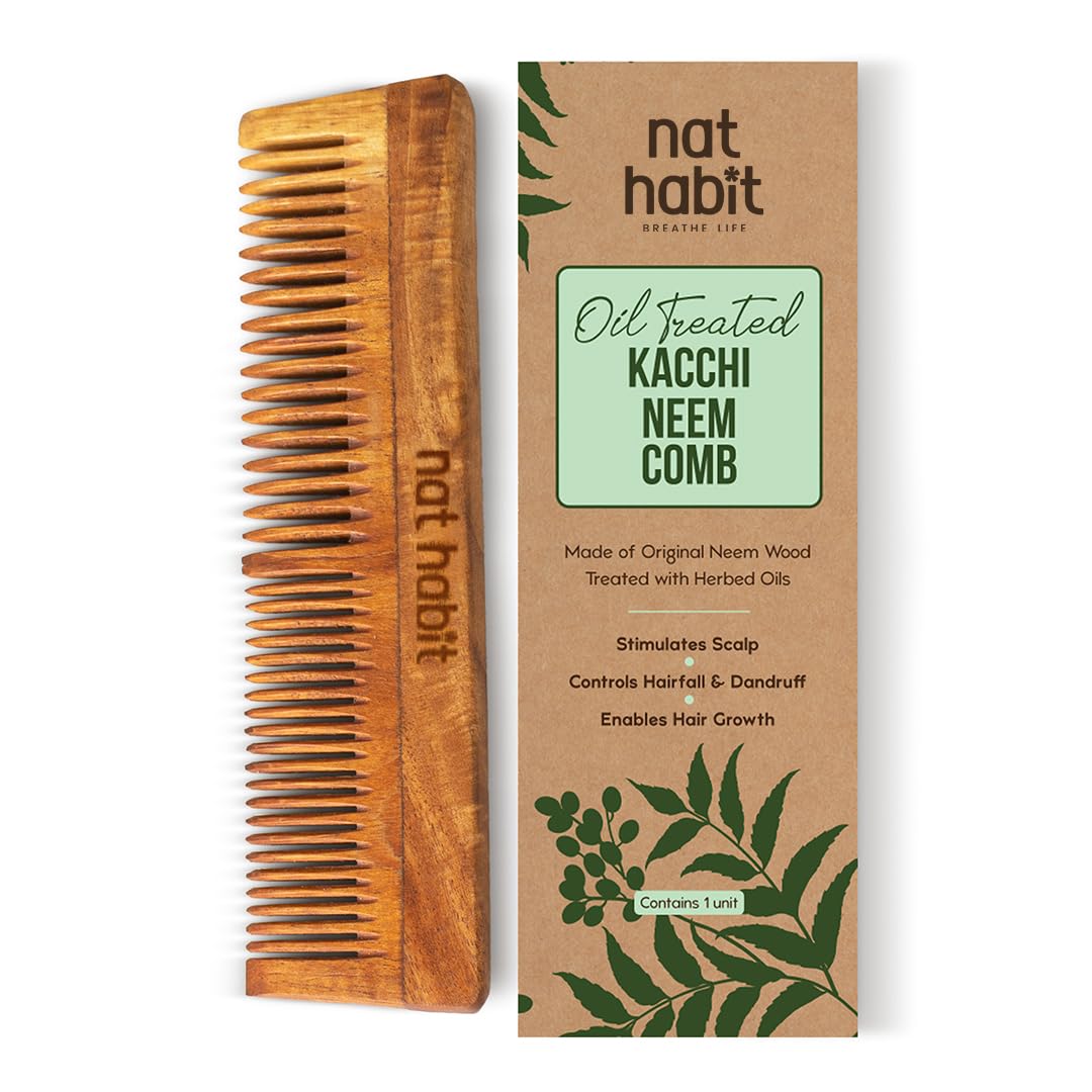 Nat Habit Kacchi Neem Wooden Comb, Soaked In 17 Herbs Neem & Sesame Oil For Multi-Actions - Detangling, Frizz Control & Shine,Suited For All Hair Types (Dual Tooth)