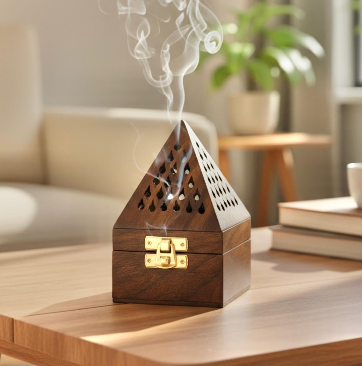WOOD ART STORE Wooden Pyramid Shape Incense Box Hoder Stand | Wooden Agarbatti Stand with ash Catcher for Home Office